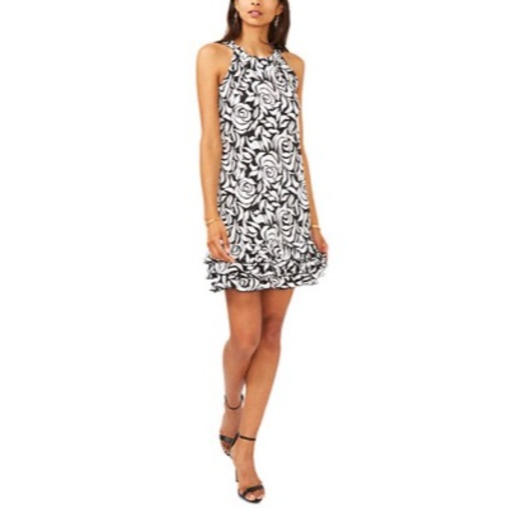 Msk Black & White Floral Oscar Neck Tiered Dress Womens Size L